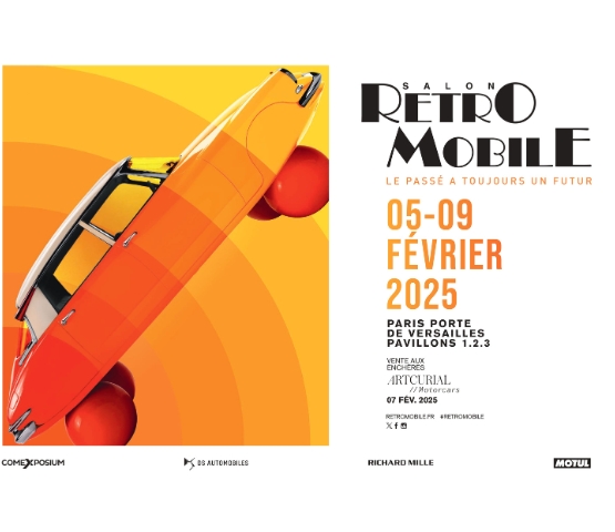 infographie affiche Rétromobile avec couleurs jaunes