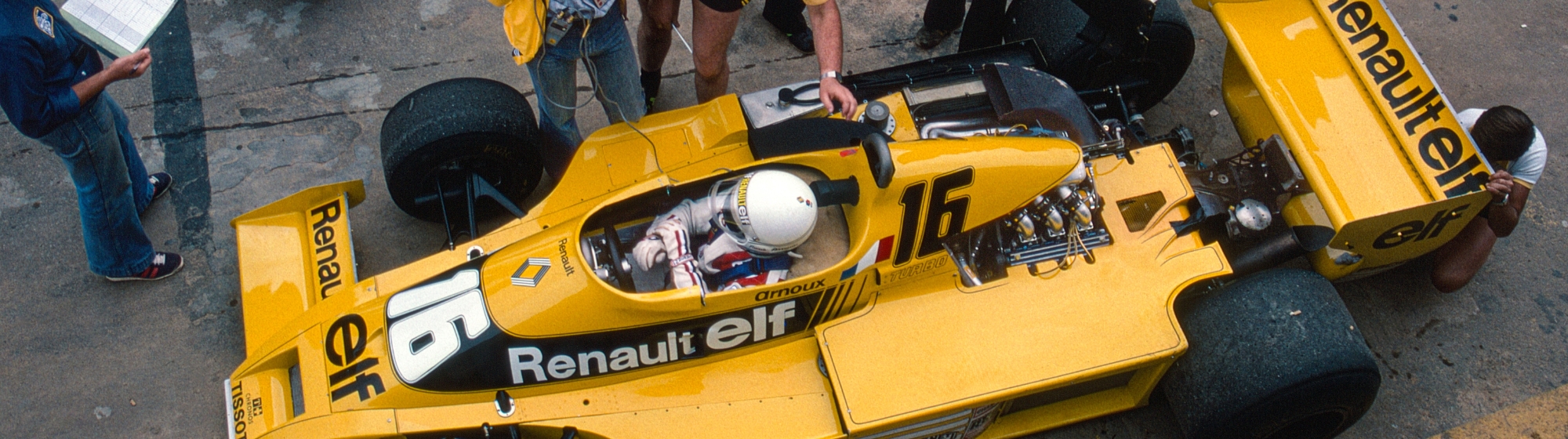 Banner showing René Arnoux in the RS10 seen from above