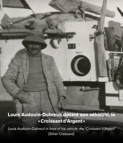 Picture featuring the Citroën-Kégresse K1 ‘Croissant d'Argent’ and Louis Audouin-Dubreuil with image description 