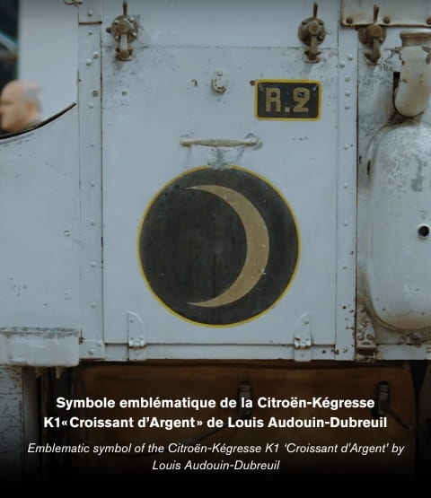 Image of the “croissant” symbol of the Citroën-Kégresse K1 ‘Croissant d'Argent’ by Louis Audouin-Dubreuil with image description