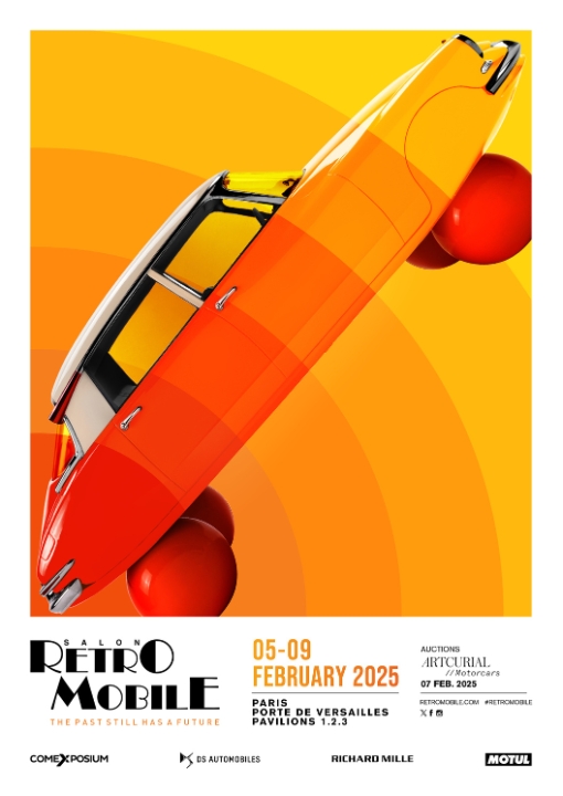 Affiche Rétromobile 2025 avec voiture DS et couleurs orange