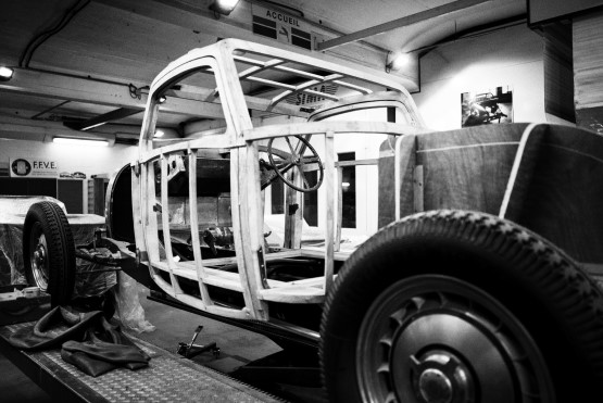 Chassis of a classic car under repair