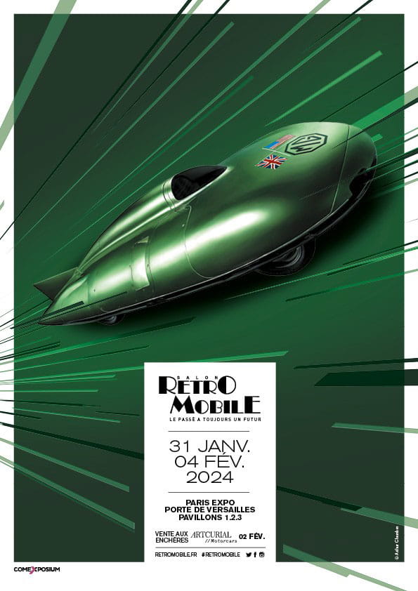 Official Rétromobile 2024 poster showing an MG EX182