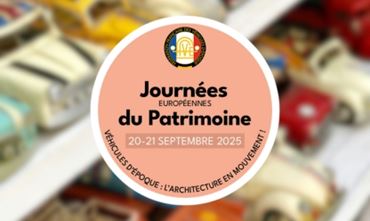 image floue avec un arrière-plan de petites voitures, ainsi que le logo Journée du Patrimoine 2025 net
