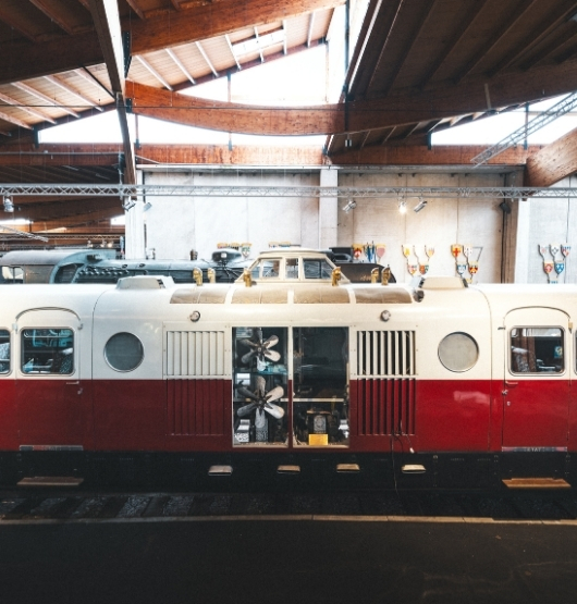 view of the impressive engine of the Bugatti train