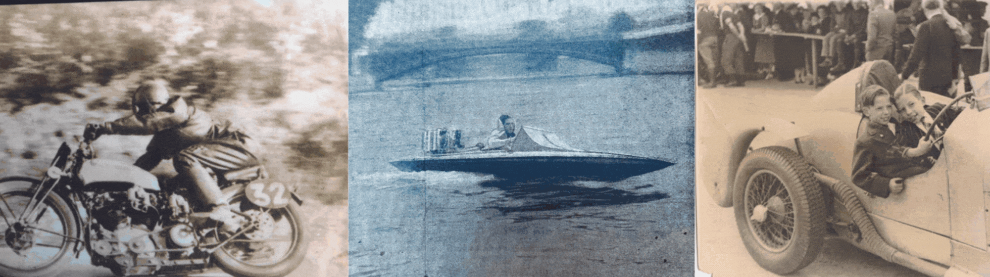 Triptique de 3 images vintage de vehicules de courses, moto, bateau, voiture