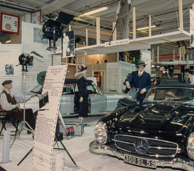 Retromobile show archive stand with Mercedes classic cars in the spotlight