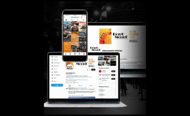 Plusieurs supports numériques pour Rétromobile 2026 sur fond noir