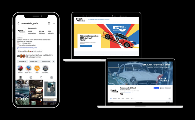 Plusieurs supports numériques pour Rétromobile 2026 sur fond noir