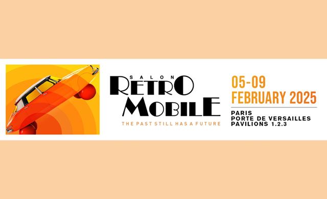 Linkedin format of a DS balloon orange classic car with Retromobile 2025 infographic dates and access on an orange background