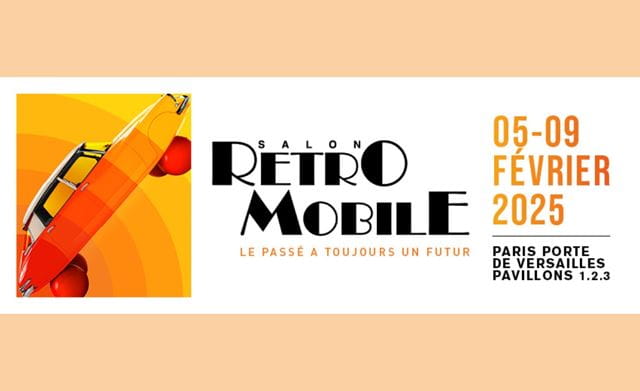 Rétromobile 2025 poster showing a DS car on an orange geometric background with written information.